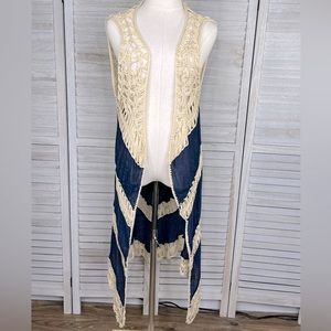 UMGEE Boho Crochet Longline Vest/Sleeveless Duster Navy/Natural-Small